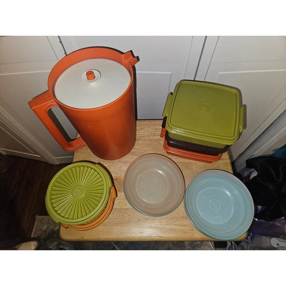 Vintage Tupperware Lot Orange 2Qt Pitcher Servalier Bowls Sandwich Keepers 12pc